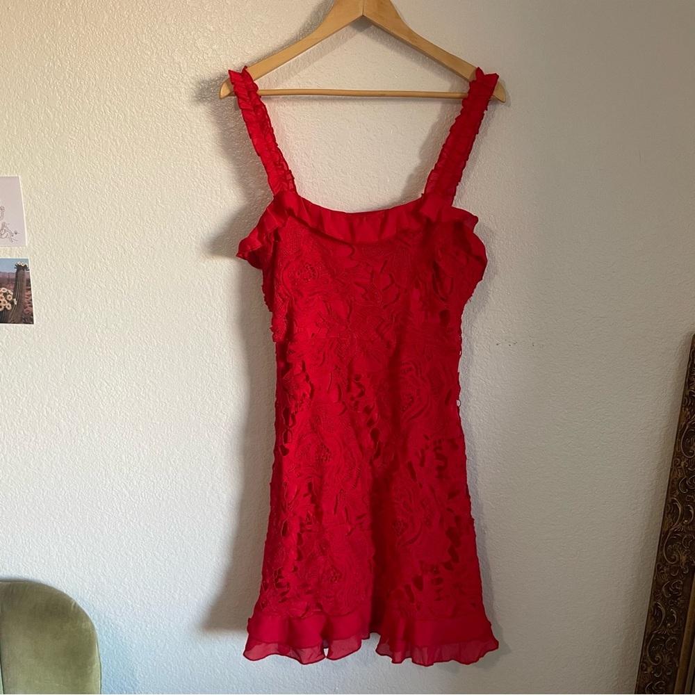 Lulu’s Deep In Love Red Ruffled Lace Dress Crochet Mini Above Knee Size Large